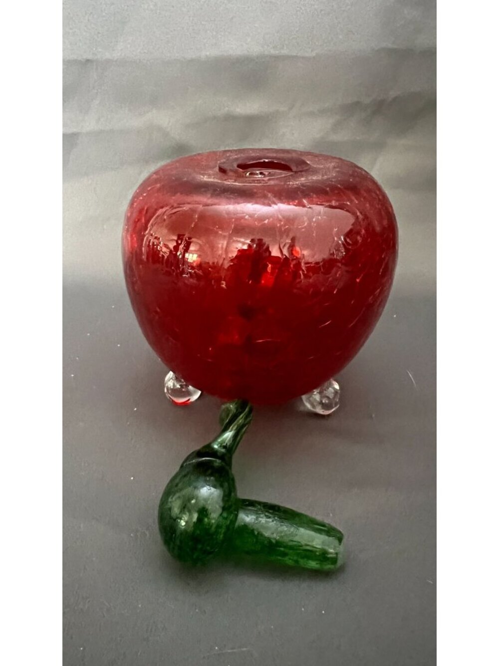 Handcrafted Glass Apple-Shaped Jar With Green Stem Lid & Clear Feet – Decorative - Picture 2 of 4